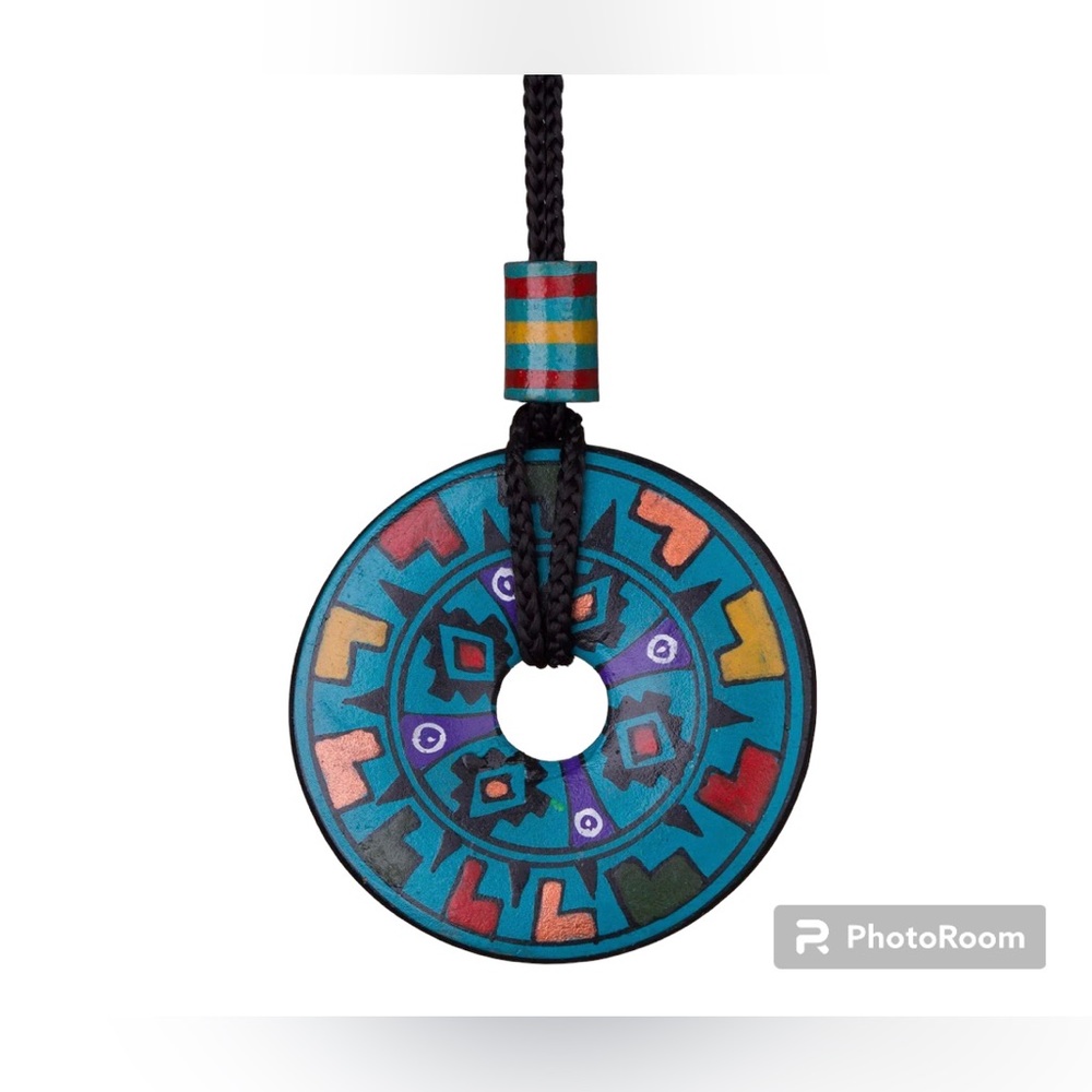 Peruvian Hand Painted Ceramic Pendant Necklace on a Black Cord
